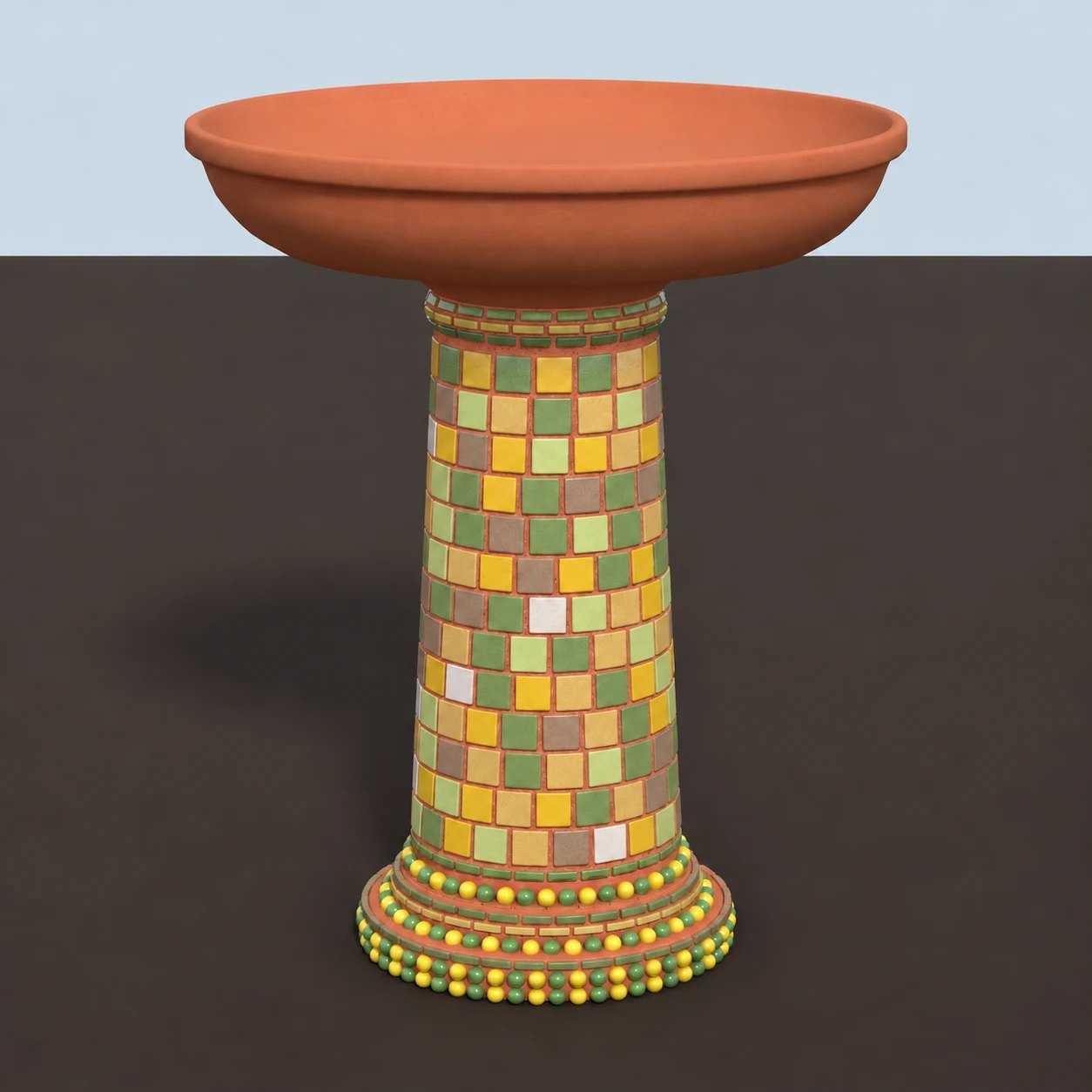 Bird Bath · AllMosaics Tiles, Stix and Mini Nuggets: AI rendered image of completed mosaic